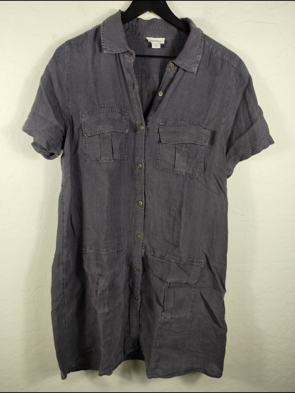 Sundance Linen Women's Short-Sleeve Button-Front Shirt Dress in Slate Gray
